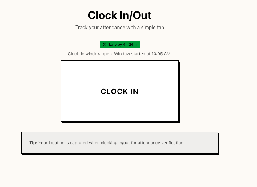 Clock in/out page